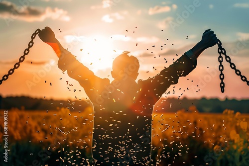 A person breaking chains with fentanyl pills falling away, symbolizing breaking free from addiction. Concept of Fentanyl crisis, American drug crisis