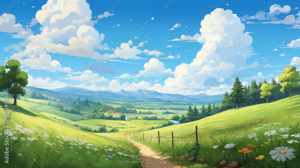 Fototapeta premium Idyllic Countryside Scene with a Path and Wildflowers under a Clear Blue Sky Leading to a Forest and Distant Mountains