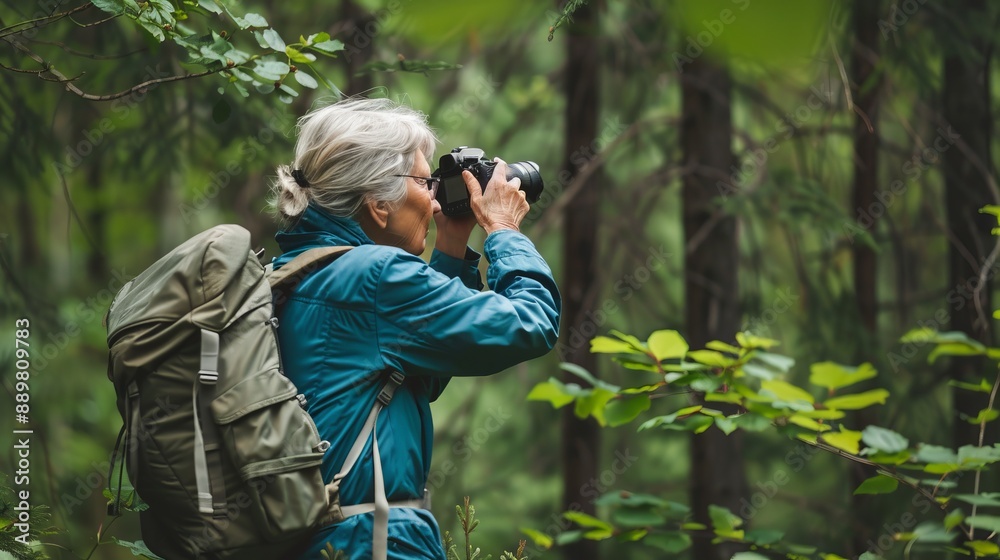 This image shows an elderly person with gray hair wearing a blue jacket and backpack while taking photographs of nature in a lush green forest, capturing outdoor beauty. This image shows an elderly person with gray hair wearing a blue jacket and backpack while taking photographs of nature in a lush green forest, capturing outdoor beauty.