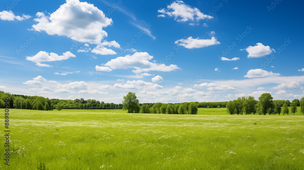 Sprawling Green Meadow with Trees and Clear Blue Sky and White Clouds Sprawling Green Meadow with Trees and Clear Blue Sky and White Clouds