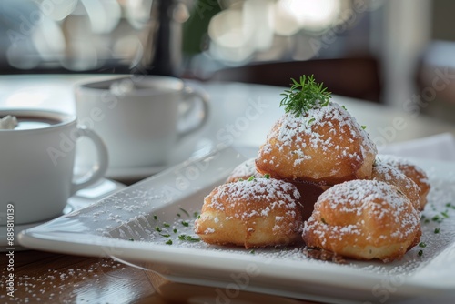 Beignets. New Orleans beignets. A creative shot of beignets served in a modern, upscale cafe setting, with gourmet garnishes and stylish plating. photo