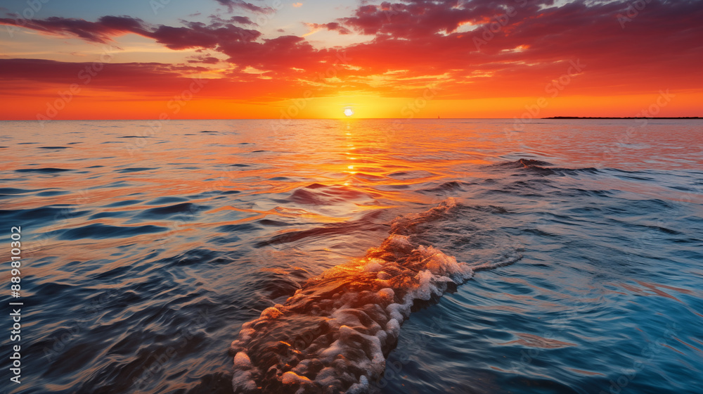 Fiery Sunset Over Ocean Waves with Dramatic Clouds Creating a Stunning Seascape Fiery Sunset Over Ocean Waves with Dramatic Clouds Creating a Stunning Seascape