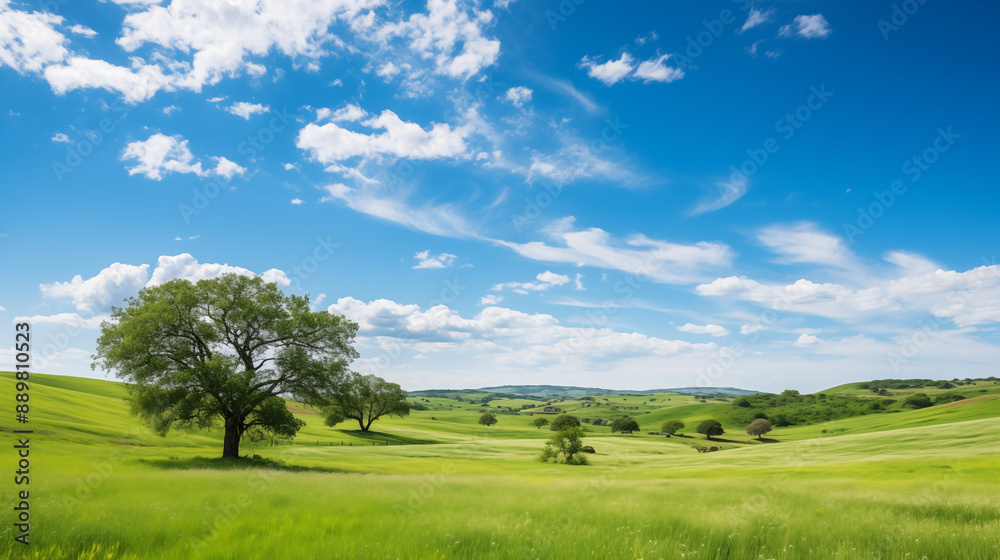 Rolling Green Hills with Trees Under a Bright Blue Sky Rolling Green Hills with Trees Under a Bright Blue Sky