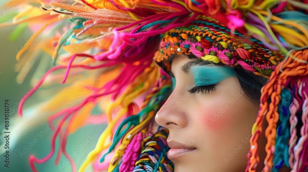Colorful close-up of a woman with vibrant makeup and headpiece, symbolizing art and self-expression. Ideal for themes of fashion, creativity, and beauty. Colorful close-up of a woman with vibrant makeup and headpiece, symbolizing art and self-expression. Ideal for themes of fashion, creativity, and beauty.