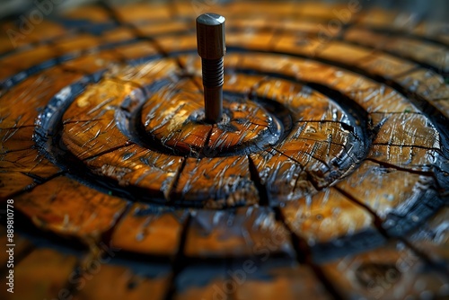 Close-up of a dart hitting the bullseye on a wooden target, symbolizing precision and success. Ideal for themes of sports, accuracy, and achievement.