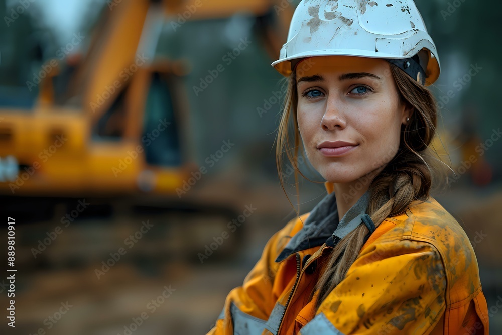 Portrait of a confident female construction worker in safety gear, symbolizing strength and empowerment. Ideal for themes of industry, workforce, and gender equality. Portrait of a confident female construction worker in safety gear, symbolizing strength and empowerment. Ideal for themes of industry, workforce, and gender equality.