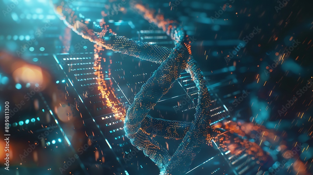 Dna strands intertwined bioinformatics data on a computer screen Dna strands intertwined bioinformatics data on a computer screen