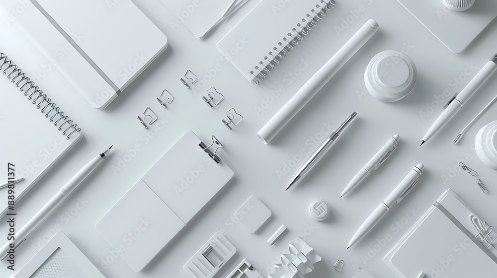 Artistic stationery and office supplies including pens, notebooks, and paper clips on a pristine white background. 32k, full ultra HD, high resolution Artistic stationery and office supplies including pens, notebooks, and paper clips on a pristine white background. 32k, full ultra HD, high resolution