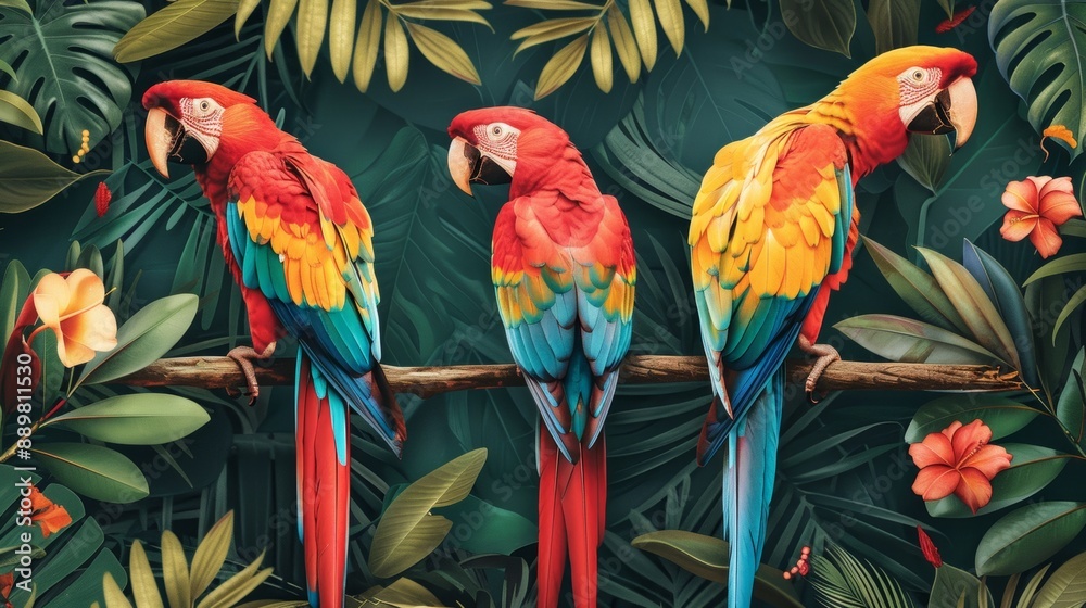 Fototapeta premium tropical parrot prints, colorful parrot drawings paired with tropical motifs form a bright and cheerful design