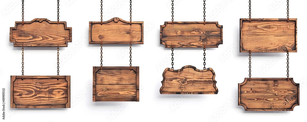 different brown wooden shiny hanging chain sign boards for cafe, restaurant, bar or retail store on white background 