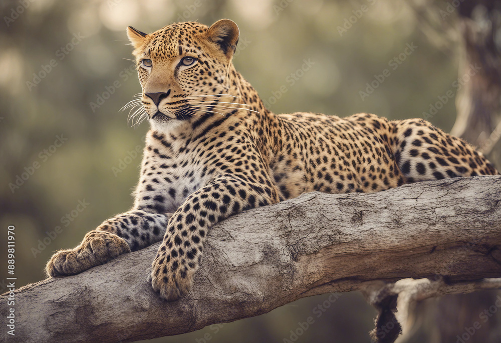 Fototapeta premium A leopard lying gracefully on a high tree branch, with a panoramic view of the savanna. 
