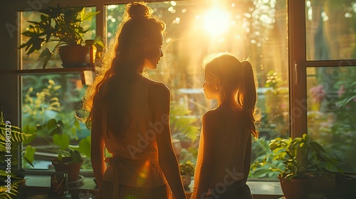 Mother and daughter holding hands in a sunlit garden, symbolizing love and bonding. Ideal for themes of family, relationships, and togetherness.