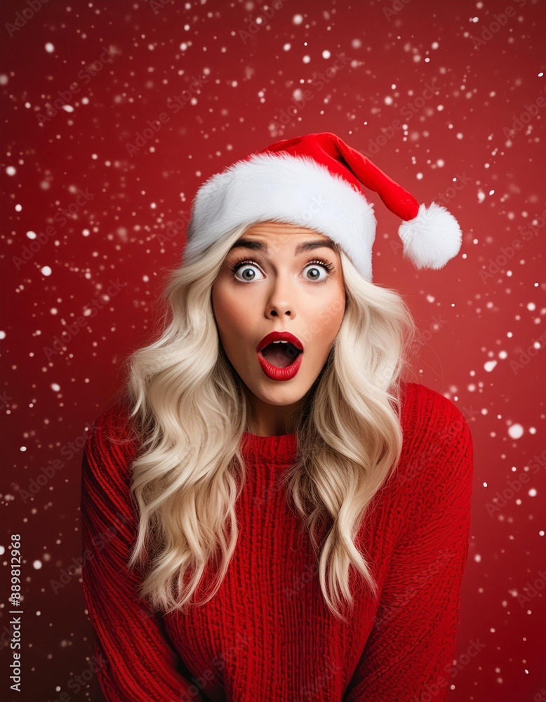 Christmas Surprise, Beautiful Woman in Santa Hat Shocked Christmas Surprise, Beautiful Woman in Santa Hat Shocked
