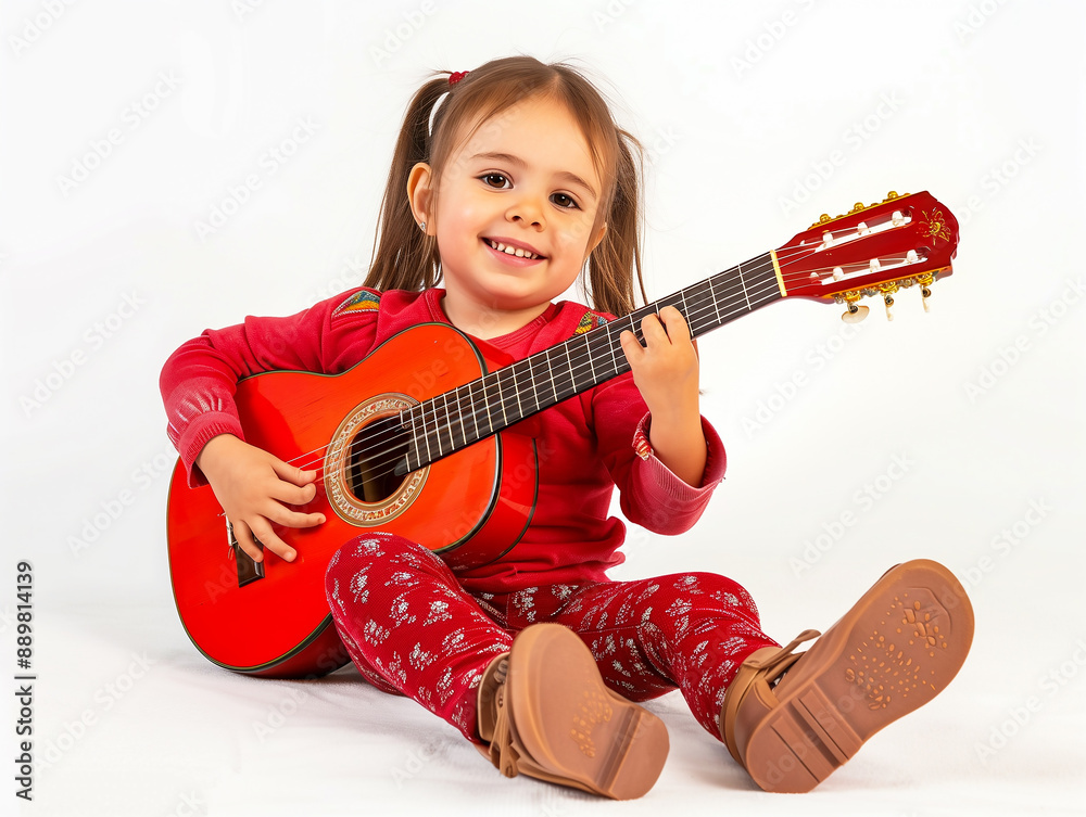 Fototapeta premium young girl is sit playing the guitar with white background