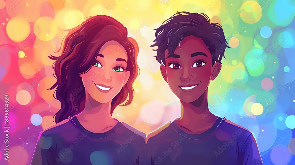 Smiling animated couple with a warm background, representing happiness and love. Perfect for themes of relationships, joy, and togetherness. Smiling animated couple with a warm background, representing happiness and love. Perfect for themes of relationships, joy, and togetherness.