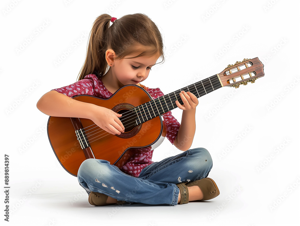 young girl is sit playing the guitar with white background young girl is sit playing the guitar with white background
