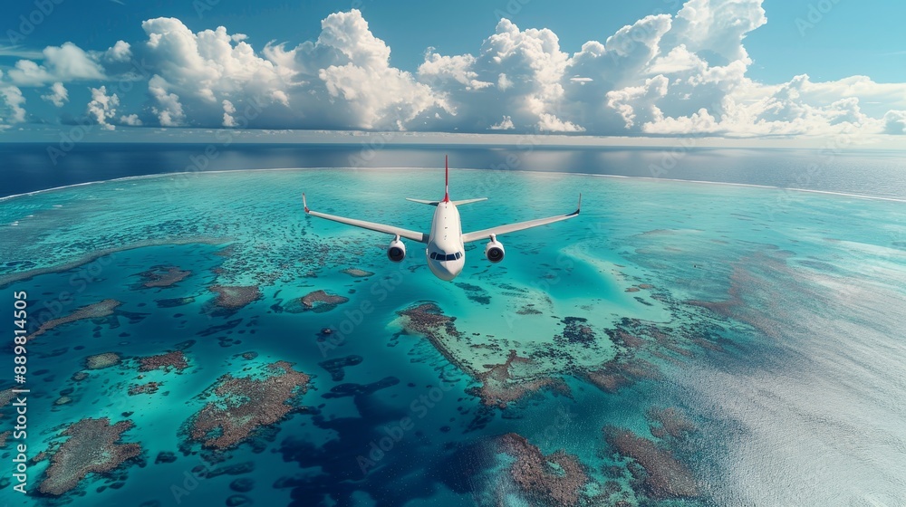 Fototapeta premium Small airplane with contrails flying low over a beautiful coral reef in the ocean. The water is crystal clear, filled with colorful coral and fish, under a sky of white clouds
