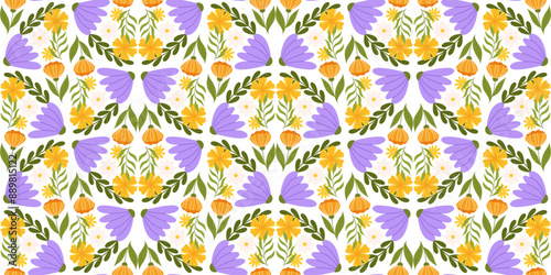 Seamless surface design showcasing floral elements. Botanical-inspired repetitive fabric or wallpaper pattern with yellow, orange, and sizable lilac flowers, various leaves.