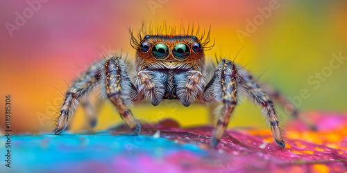 Jumping spider standing on a colorful surface photo