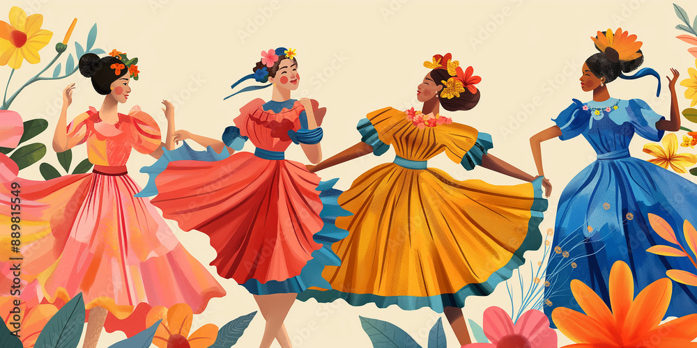 Fototapeta premium Four diverse women wearing colorful dresses dancing in a flower garden