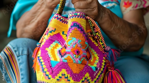 Traditional Wayuu bag crafting in Colombia photo