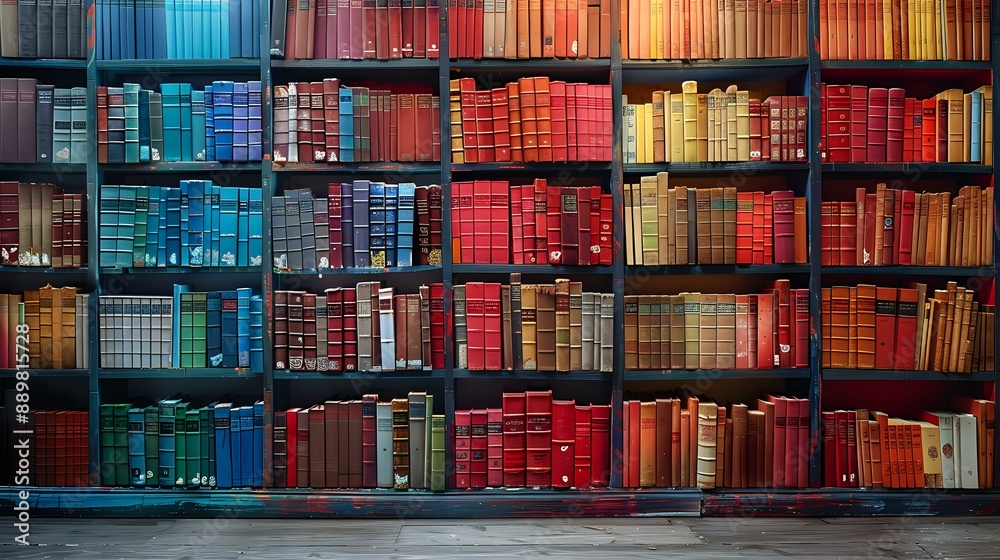 Colorful bookshelf filled with rows of neatly arranged books in various hues, creating a vibrant and organized display. Ideal for themes related to literature, education, libraries, or interior decor. Colorful bookshelf filled with rows of neatly arranged books in various hues, creating a vibrant and organized display. Ideal for themes related to literature, education, libraries, or interior decor.