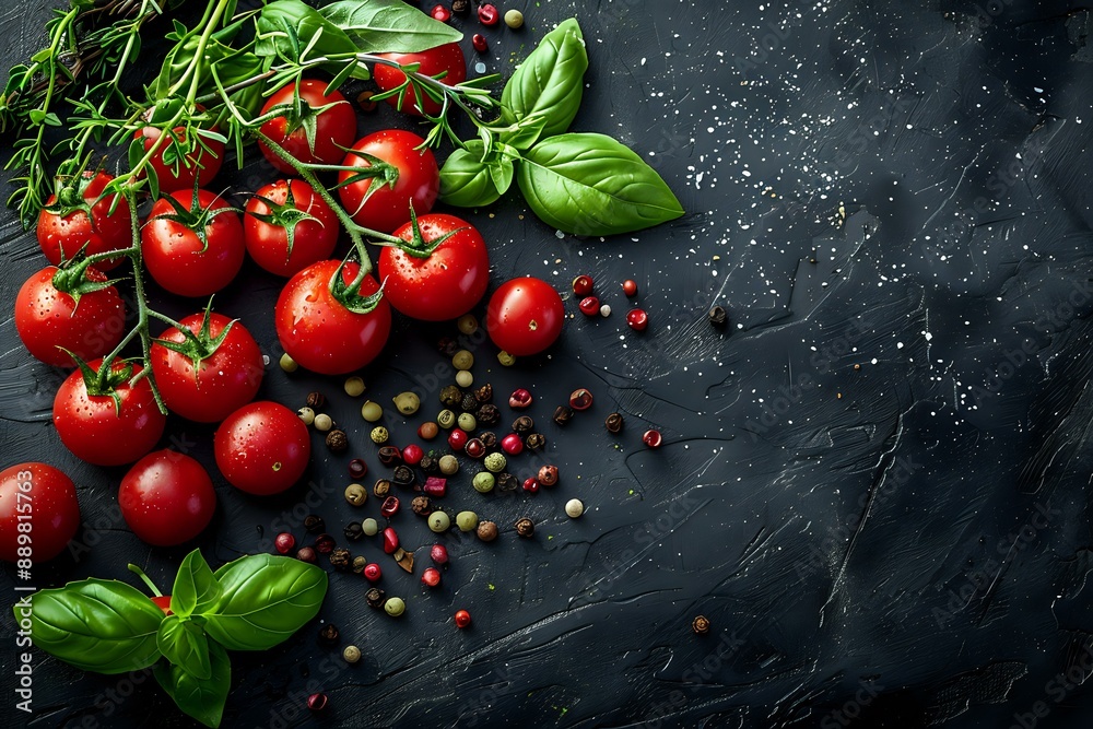 Top view of fresh cherry tomatoes on the vine, basil leaves, and assorted peppercorns arranged on a dark slate background. Perfect for culinary themes, food photography, or recipe designs.