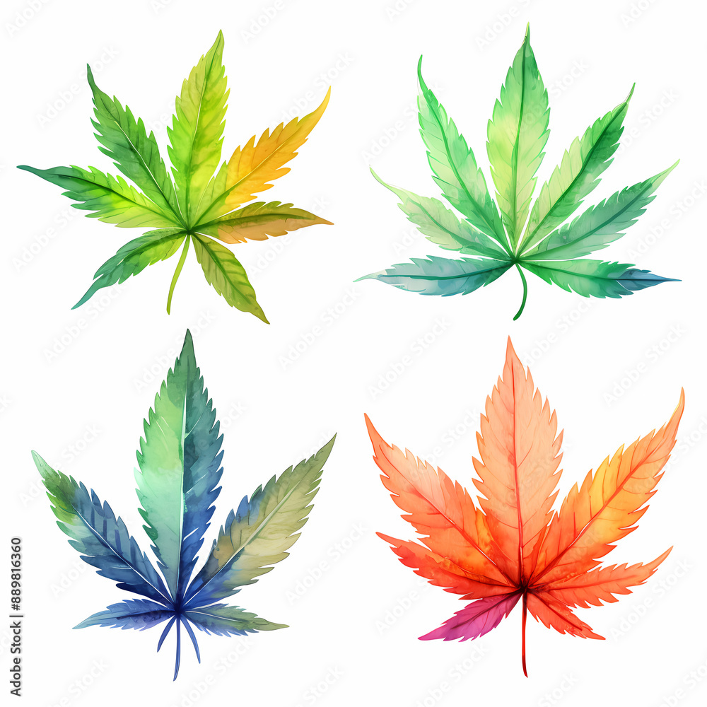 Cannabis Leaf Icon Watercolor Painting with Four Variations on White Cannabis Leaf Icon Watercolor Painting with Four Variations on White