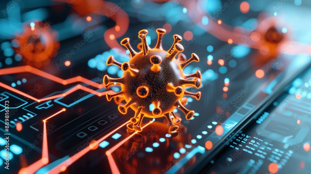 Digital representation of virus particle overlaid on circuit board illustrating cyber virus or malware attack Digital representation of virus particle overlaid on circuit board illustrating cyber virus or malware attack