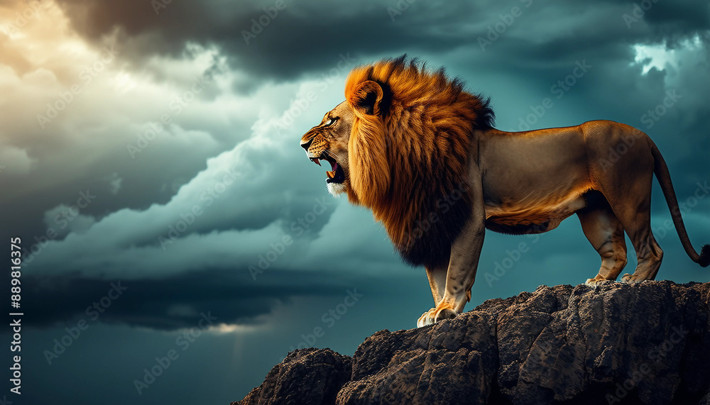 Obraz premium A lion roaring atop a rocky outcrop, with a dramatic stormy sky 