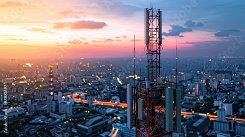 5G cellular network antenna on telecommunication tower against cityscape backdrop, emphasizing global internet and connectivity concept