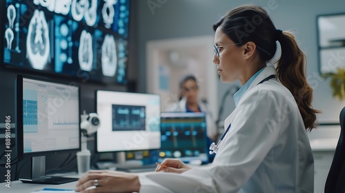 Female doctor Critical Care Specialist monitoring a patient in a meeting