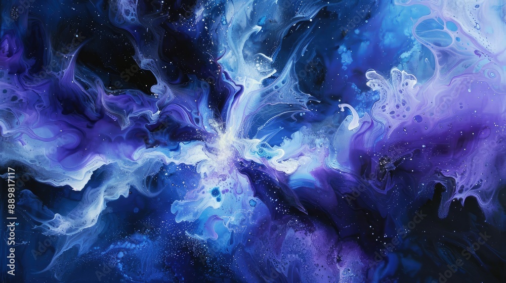 Abstract blue and purple ink explosions against dark canvas, capturing celestial beauty Abstract blue and purple ink explosions against dark canvas, capturing celestial beauty