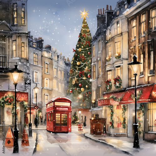 Beautiful Watercolor London Scene: Perfect for Your Christmas Holiday Cards