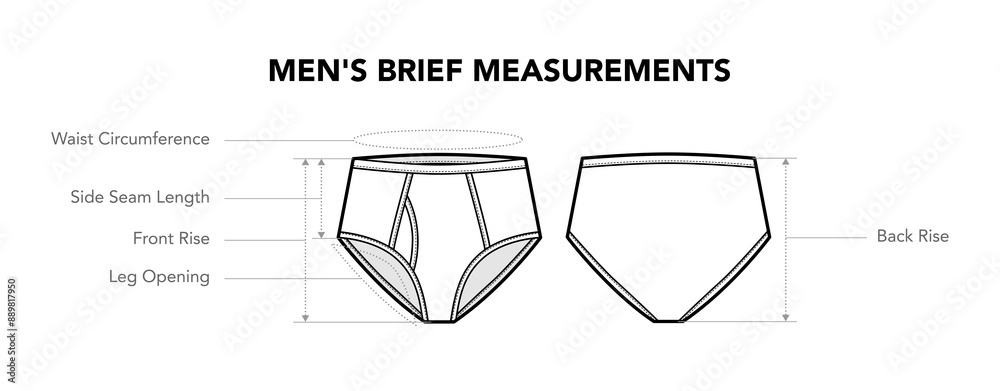 Set of Men brief measurements diagram with names underwear styles technical fashion illustration. Flat apparel template front, back view. Women, men unisex CAD mockup isolated on white