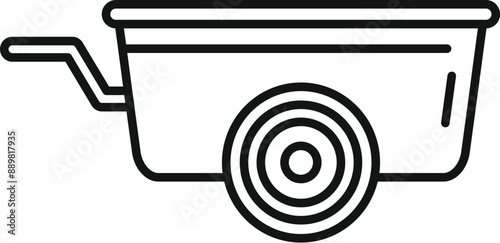 Simple line icon of one wheel metal garden utility cart standing on white background