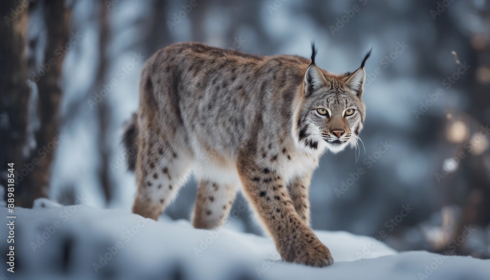 A lynx stalking through the snow-covered woods, dawn
A lynx stalking through the snow-covered woods, dawn