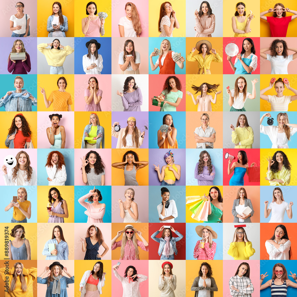 Big collage of young women on color background Big collage of young women on color background