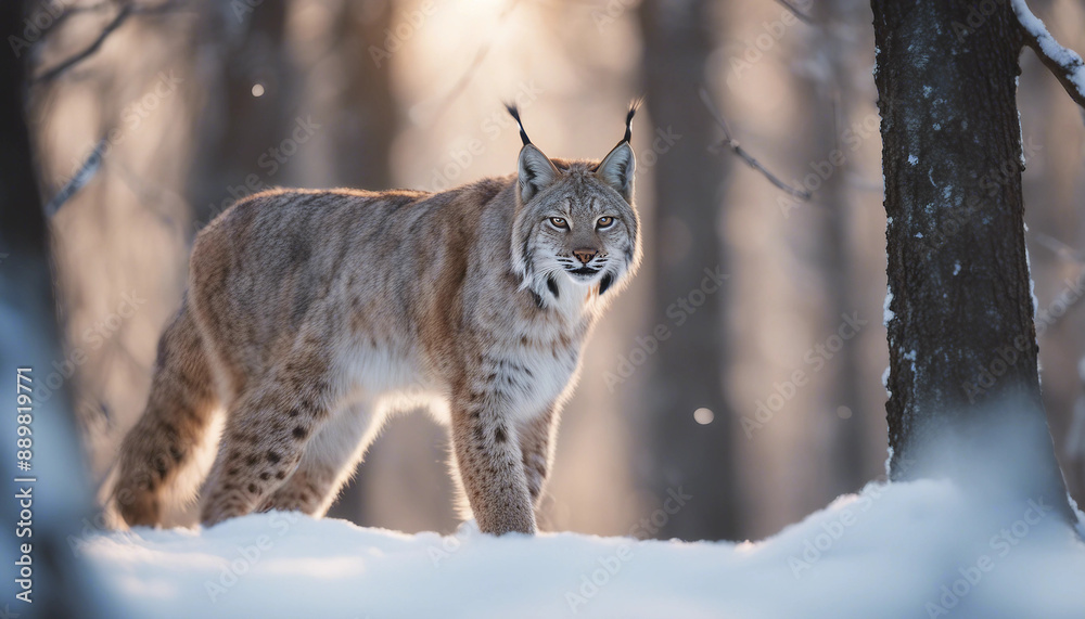 Fototapeta premium A lynx stalking through the snow-covered woods, dawn 