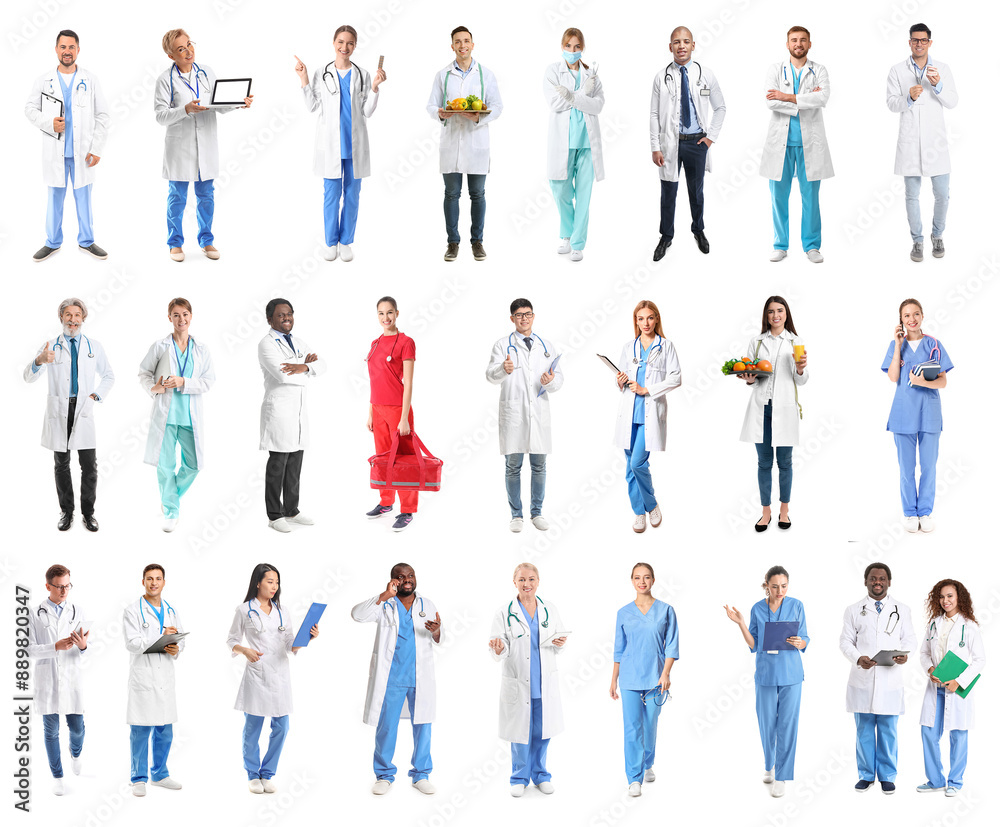 Big collage of different doctors on white background Big collage of different doctors on white background
