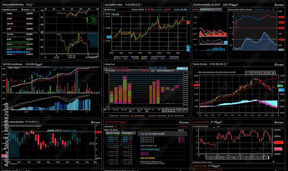 Obraz premium Financial Charts and Data on Multiple Monitors