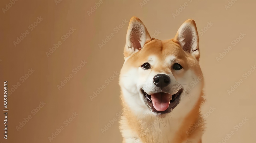 Cute Shiba Inu dog smiling brightly, a stunning representation of the Akita Inu breed on beige backdrop Cute Shiba Inu dog smiling brightly, a stunning representation of the Akita Inu breed on beige backdrop