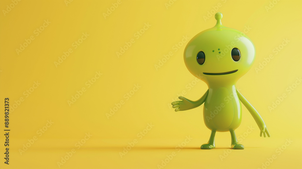 Green Cartoon Alien Character Standing on Yellow Background
