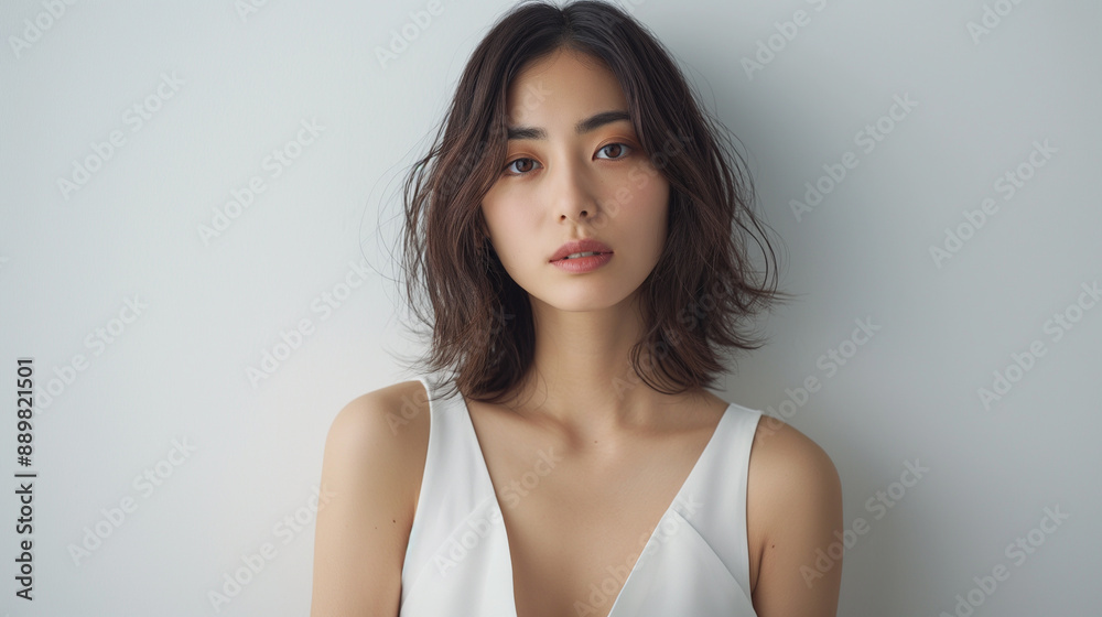Asian Young Woman with Short Hair in White Dress, Studio Portrait, Natural Beauty, Soft Lighting, Fashion Photography, Minimalist Background, Calm Expression, Timeless Elegance, Classic Style, Profes