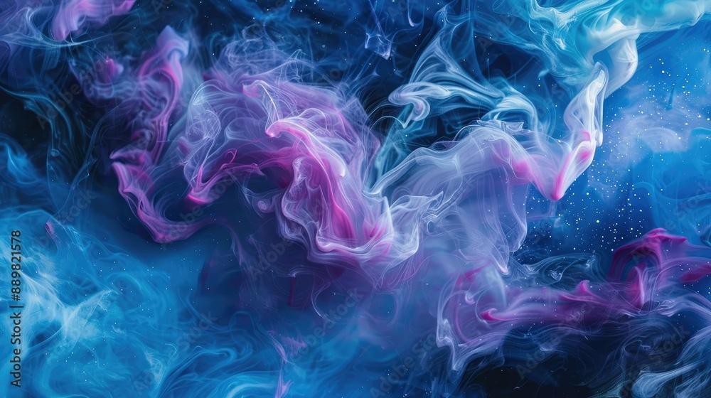 Obraz premium Ethereal blue and purple ink clouds swirl on a dark backdrop, creating an abstract cosmic scene