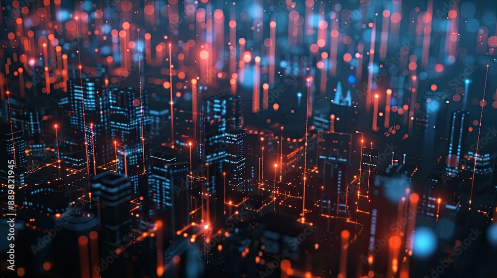 Obraz premium Futuristic smart city connection network with digital dot points and lines, highlighting advanced technology integration