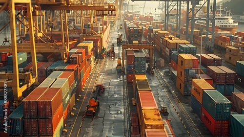 Busy Cargo Seaport with Towering Gantry Cranes and Multicolored Shipping Containers