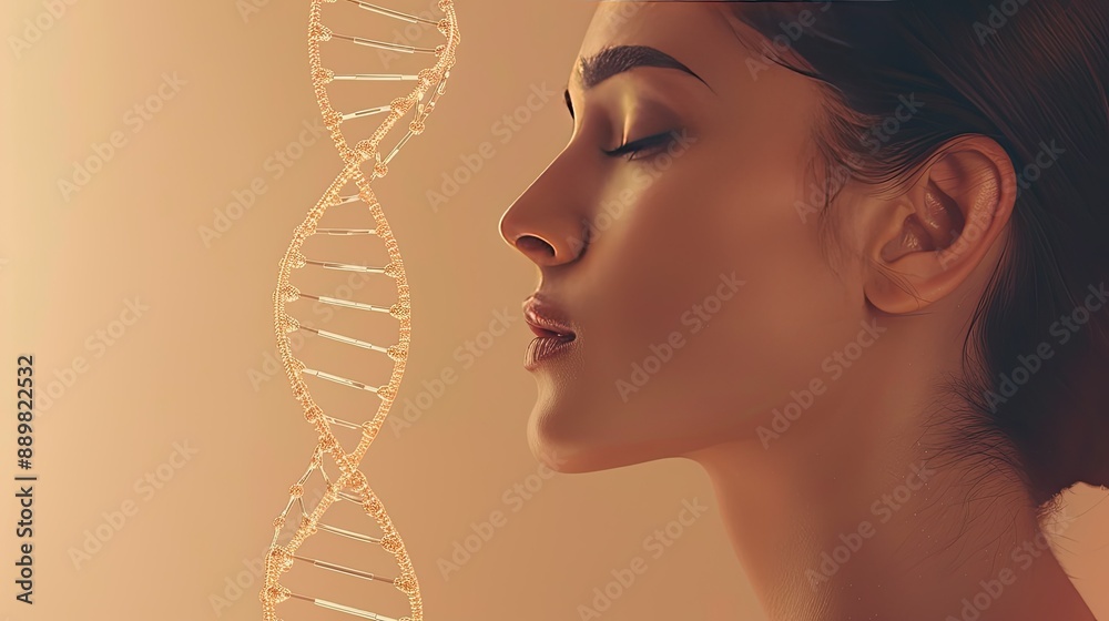 Glass DNA stems and a sensual woman against beige background, highlighting the science of beauty concept