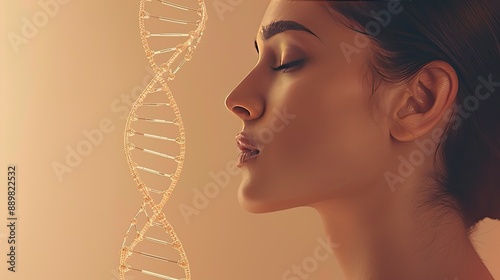 Obraz na płótnie Glass DNA stems and a sensual woman against beige background, highlighting the science of beauty concept w salonie