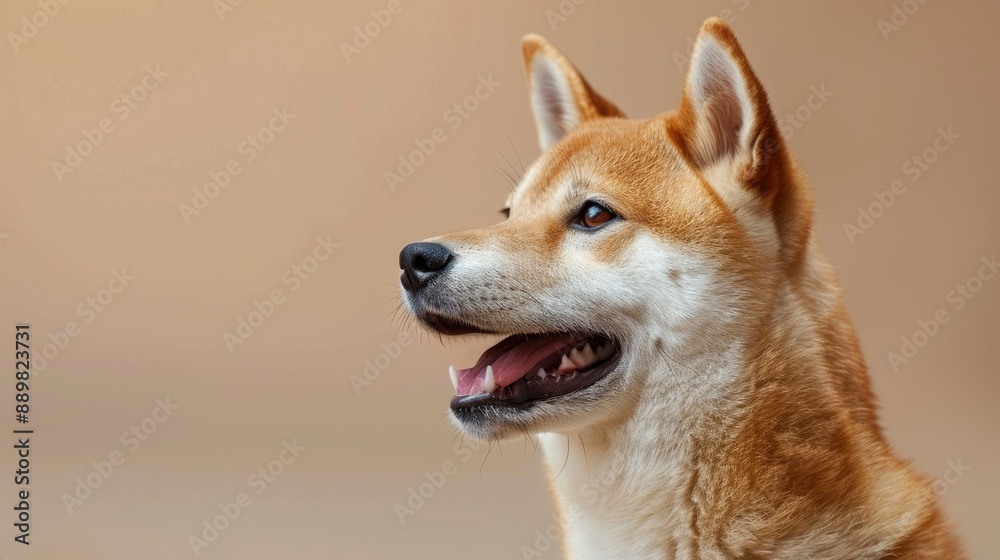 Happy and healthy Shiba Inu dog, a stunning example of the Akita Inu breed's charm on beige backdrop Happy and healthy Shiba Inu dog, a stunning example of the Akita Inu breed's charm on beige backdrop